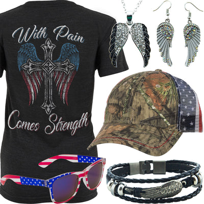 With Pain Comes Strength American Flag Cap Outfit