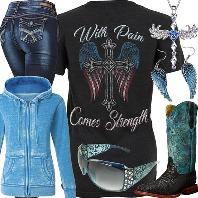 With Pain Comes Strength Blue Zip Up Hoodie Outfit