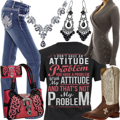 Not My Problem Lace Up Sweater Outfit