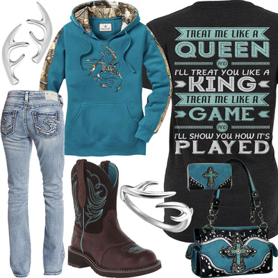 Like A Queen Turquoise Camo Hoodie Outfit