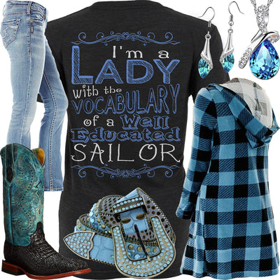 Educated Sailor Blue Plaid Hooded Cardigan Outfit