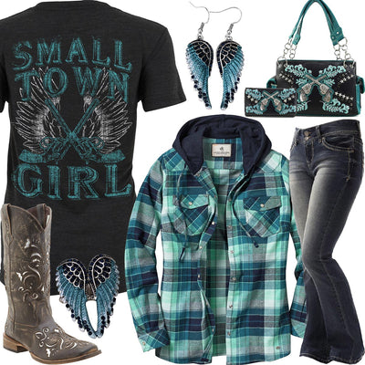 Small Town Girl Flannel Hoodie Outfit