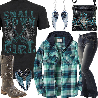 Small Town Girl Blue Plaid Flannel Hoodie Outfit