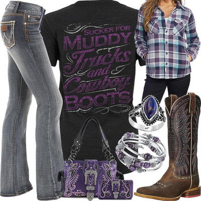 Muddy Trucks & Cowboy Boots Purple Shirt Outfit