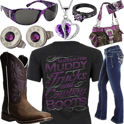 Muddy Trucks & Cowboy Boots Purple Boots Outfit