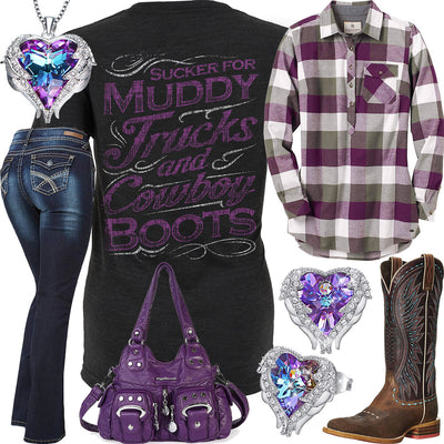Muddy Trucks & Cowboy Boots Purple Plaid Tunic Outfit