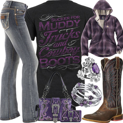 Muddy Trucks & Cowboy Boots Wrangler Jeans Outfit