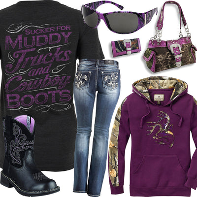 Muddy Trucks & Cowboy Boots Purple Camo Hoodie Outfit