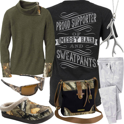 Messy Hair & Sweatpants Army Thermal Outfit
