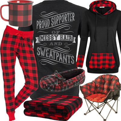 Messy Hair & Sweatpants Red Plaid Outfit