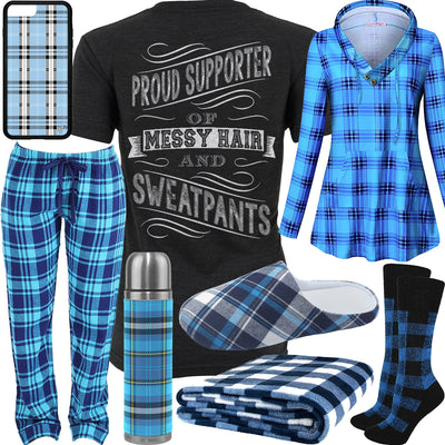 Messy Hair & Sweatpants Blue Plaid Outfit