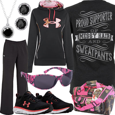 Messy Hair & Sweatpants Black Diamond Necklace Outfit