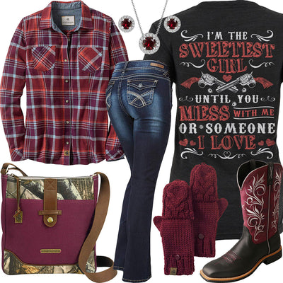 I'm The Sweetest Girl Maroon Plaid Flannel Outfit