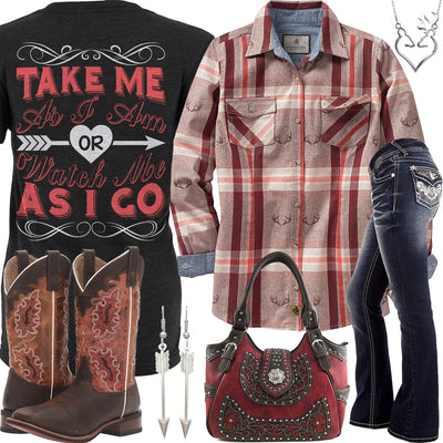 Take Me As I Am Plaid Antler Button Down Outfit