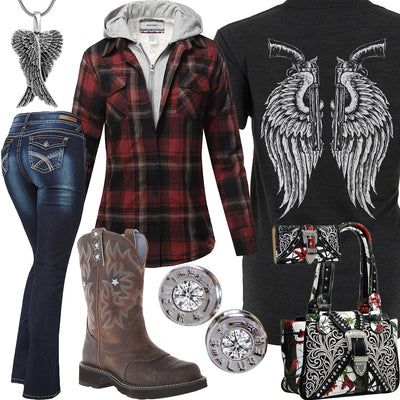 Angel Wings & Revolvers Plaid Flannel Hoodie Outfit