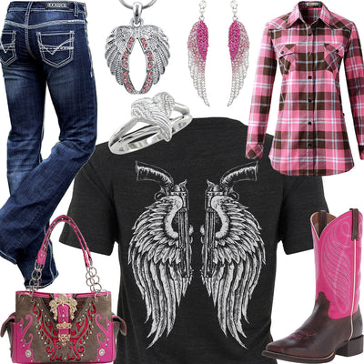 Angel Wings & Revolvers Pink Plaid Button-Up Outfit