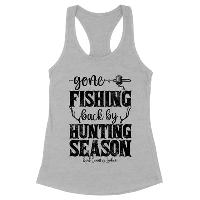 Blowout |  Gone Fishing Back By Hunting Season Black Print Front Apparel