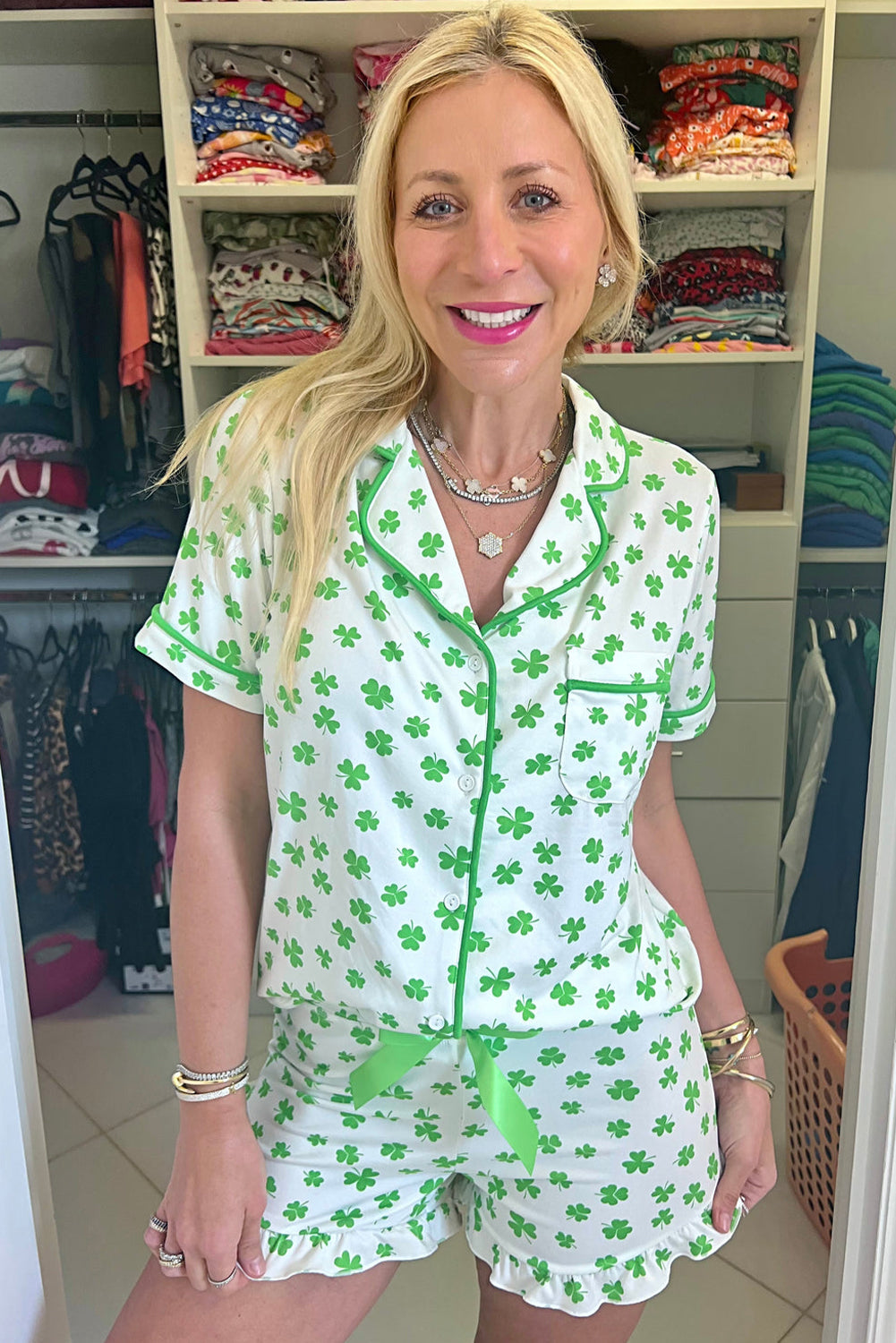 Green Clover Short Sleeve and Ruffled Shorts Lounge Set