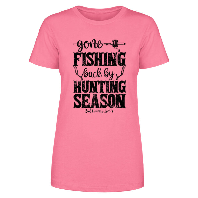 Blowout |  Gone Fishing Back By Hunting Season Black Print Front Apparel