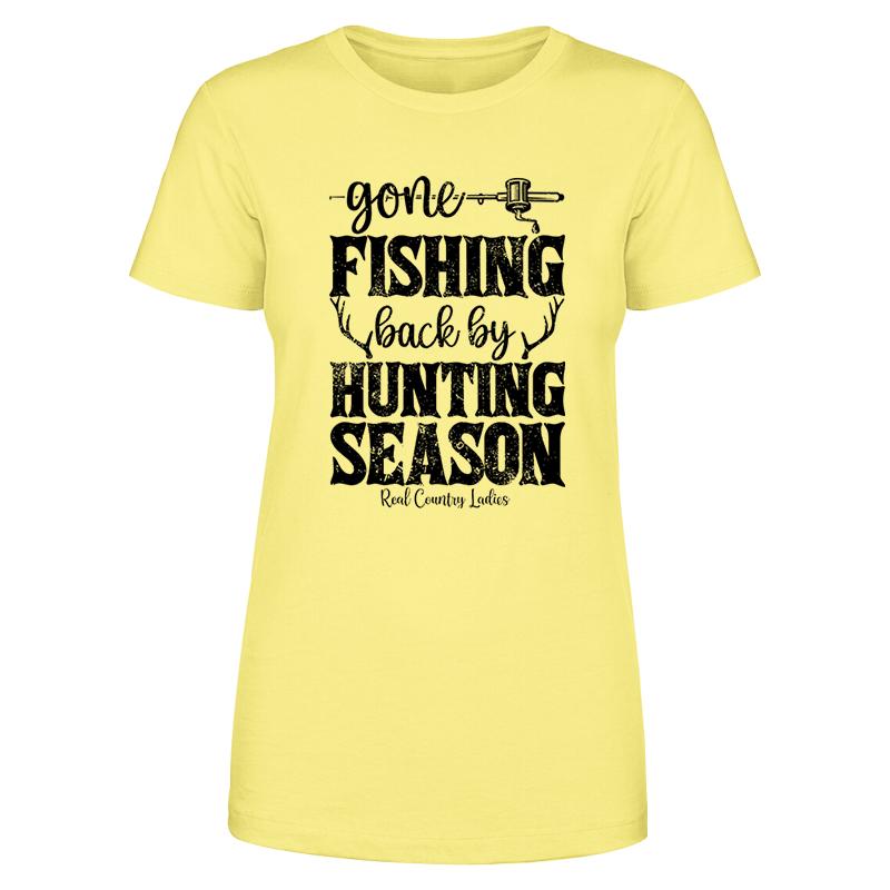 Black Friday | Gone Fishing Back By Hunting Season Black Print Front Apparel