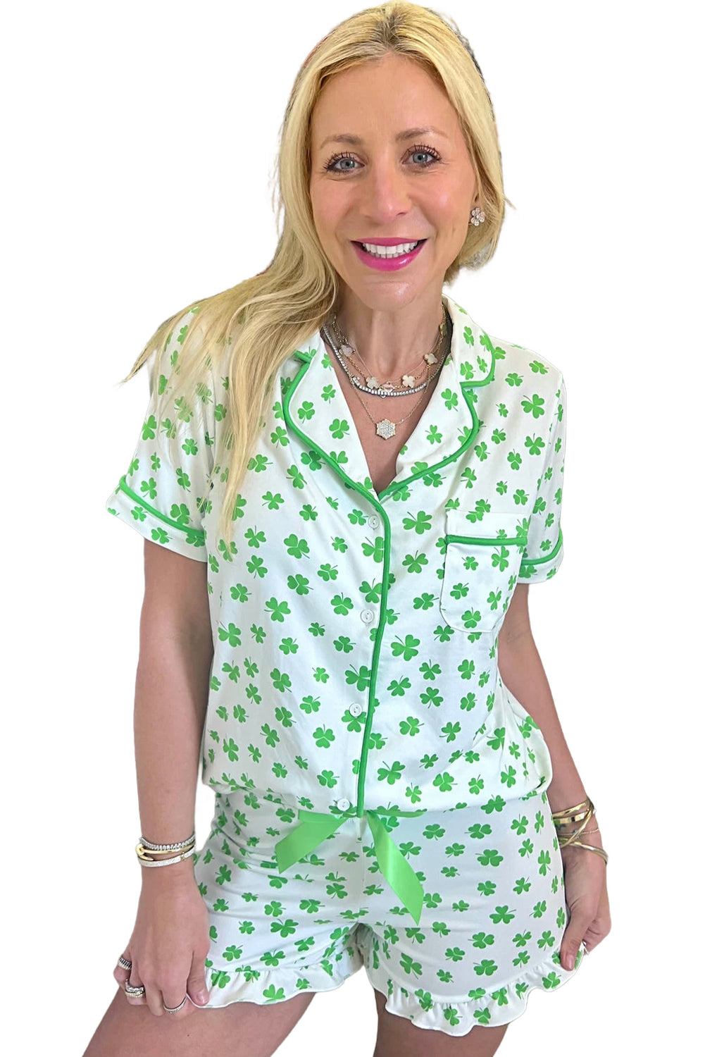 Green Clover Short Sleeve and Ruffled Shorts Lounge Set