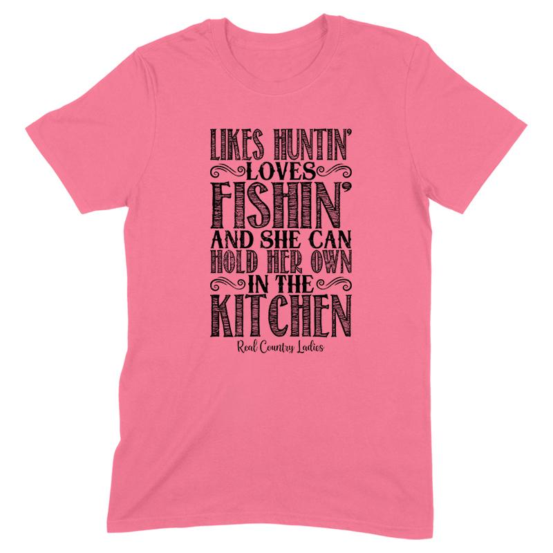 Blowout |  Likes Huntin' Loves Fishin' Black Print Front Apparel