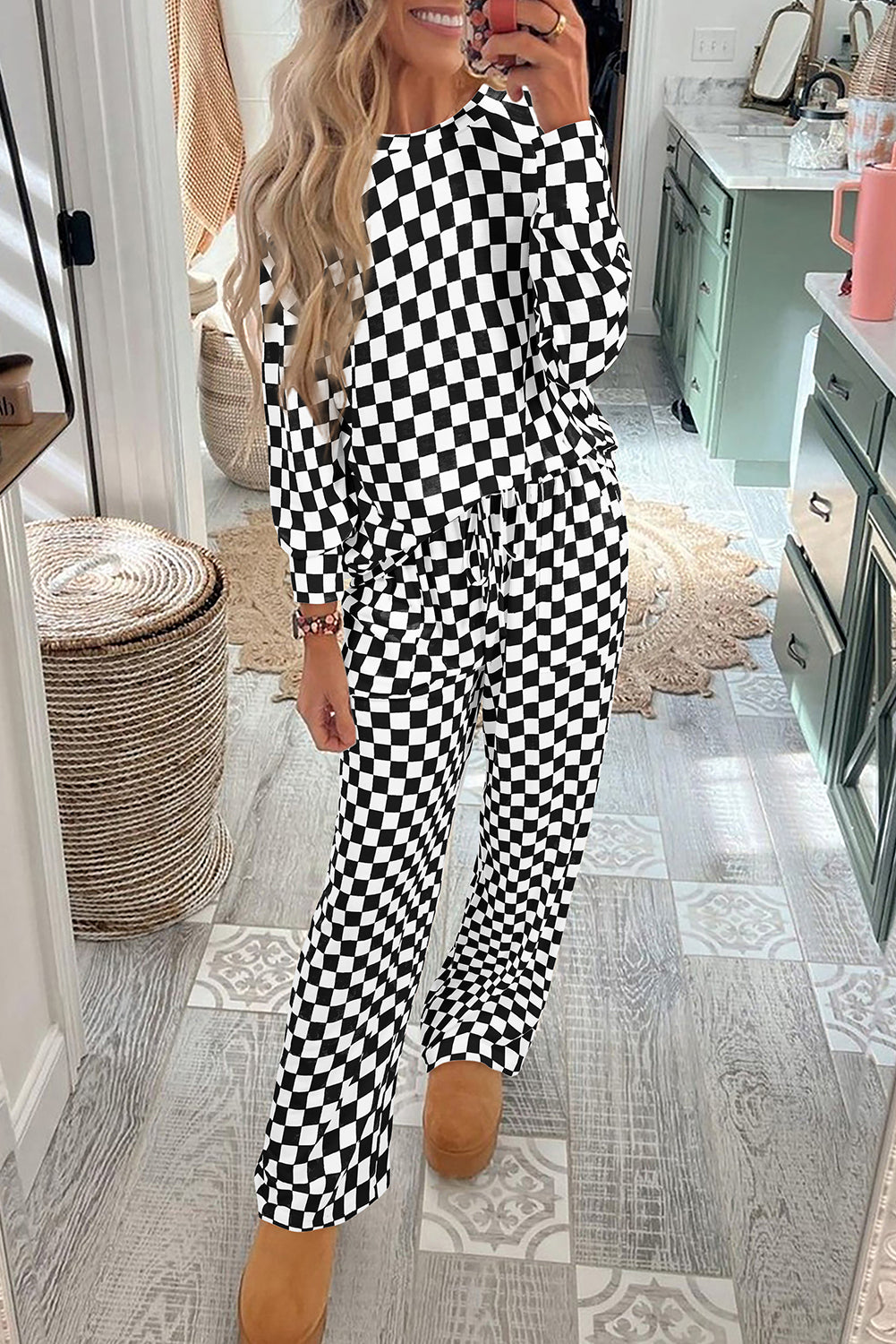 Checkered Print Long Sleeve Top and Pants Lounge Set