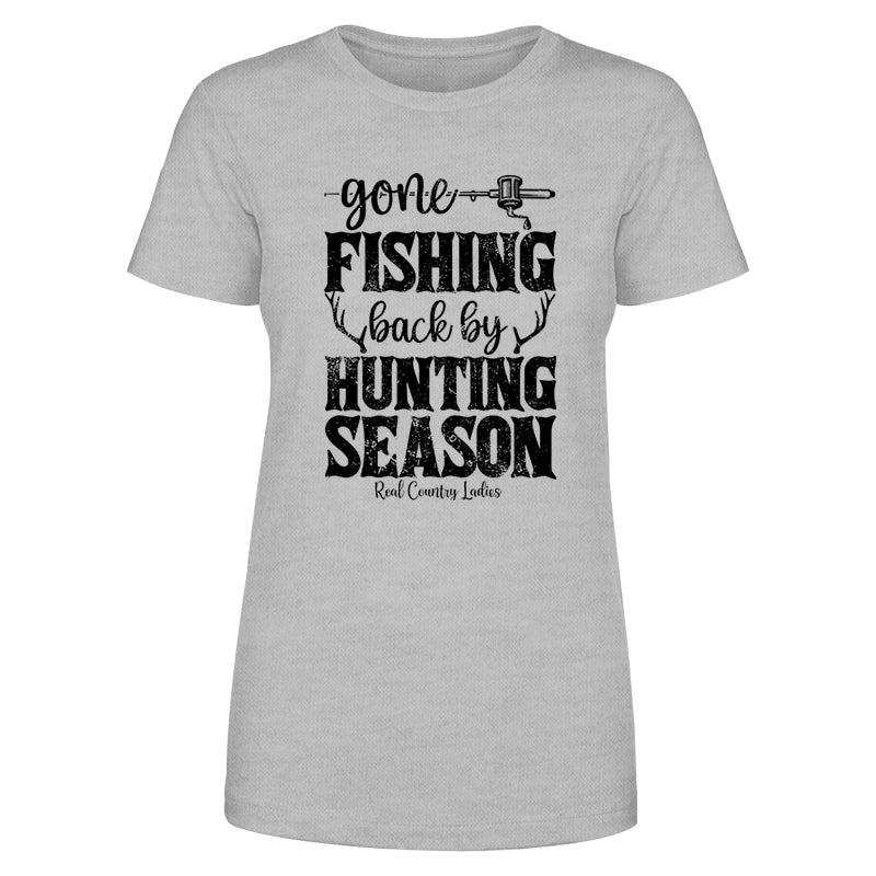 Blowout |  Gone Fishing Back By Hunting Season Black Print Front Apparel