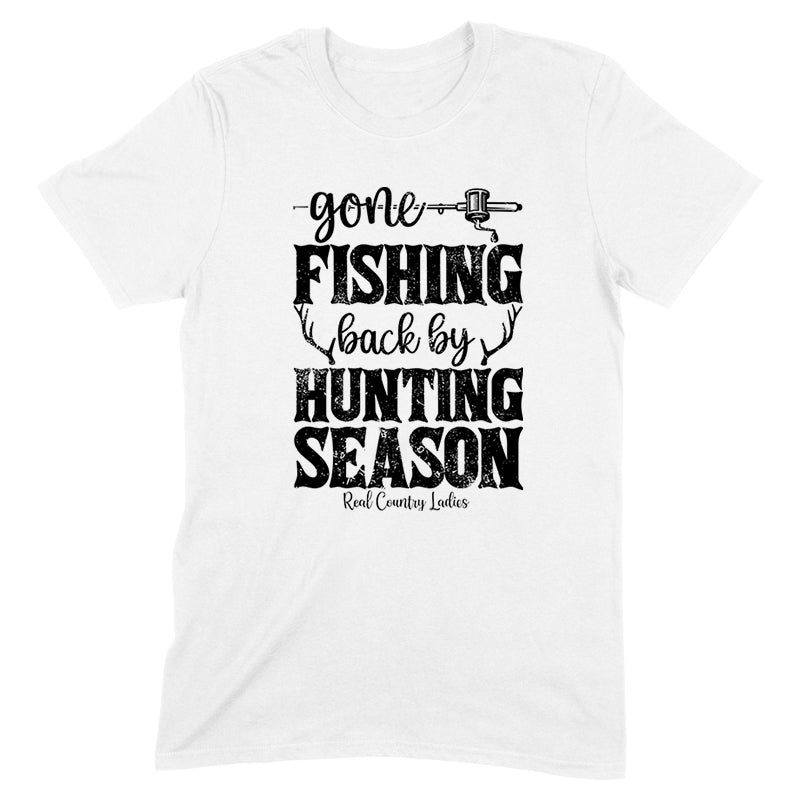 Blowout |  Gone Fishing Back By Hunting Season Black Print Front Apparel