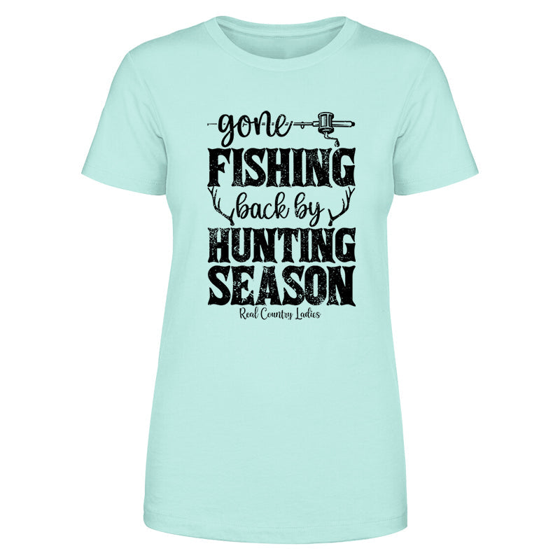 Blowout |  Gone Fishing Back By Hunting Season Black Print Front Apparel