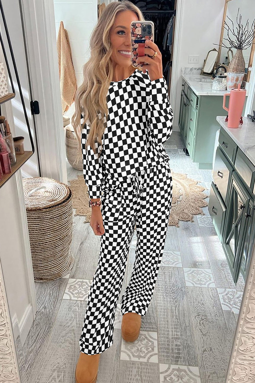 Checkered Print Long Sleeve Top and Pants Lounge Set