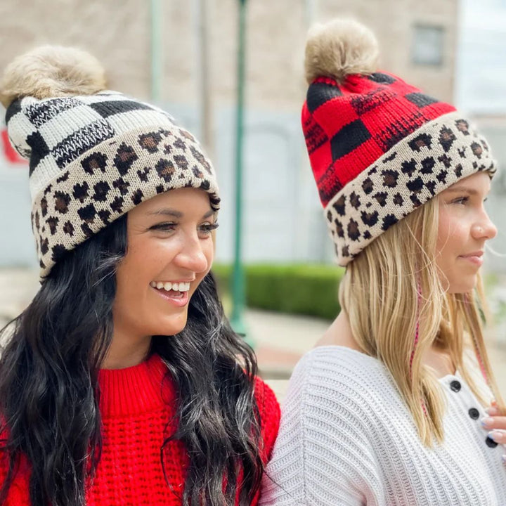 Leopard Buffalo Mixed Print Fur Pom C.C Beanie