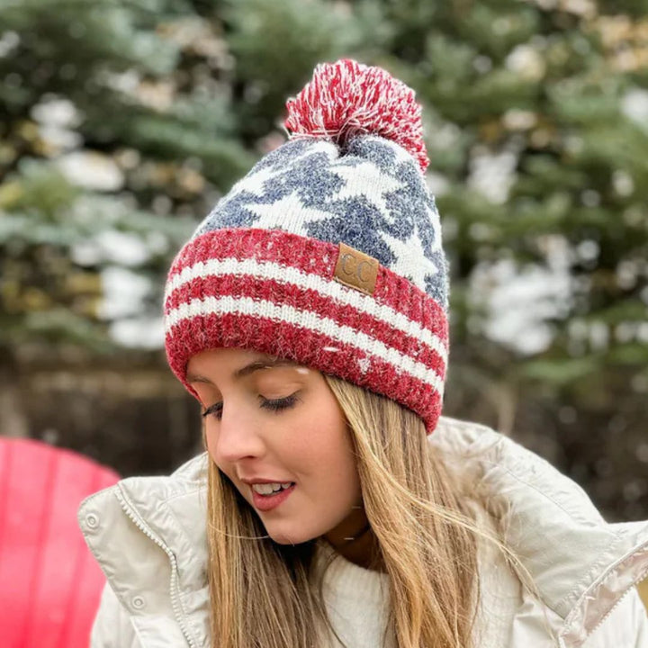 Vintage USA Flag Knit Pom C.C Beanie