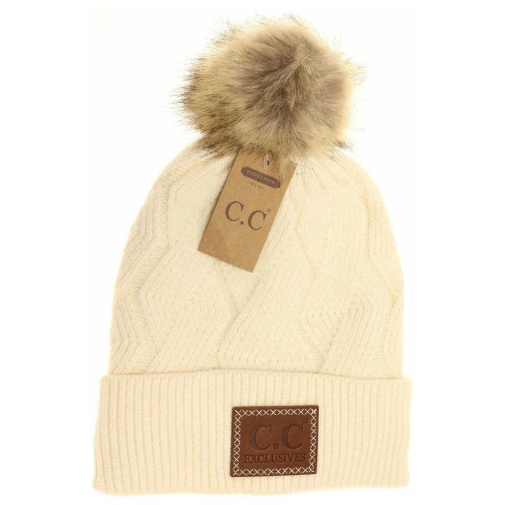 Geometric Knit Faux Fur Pom C.C Beanie