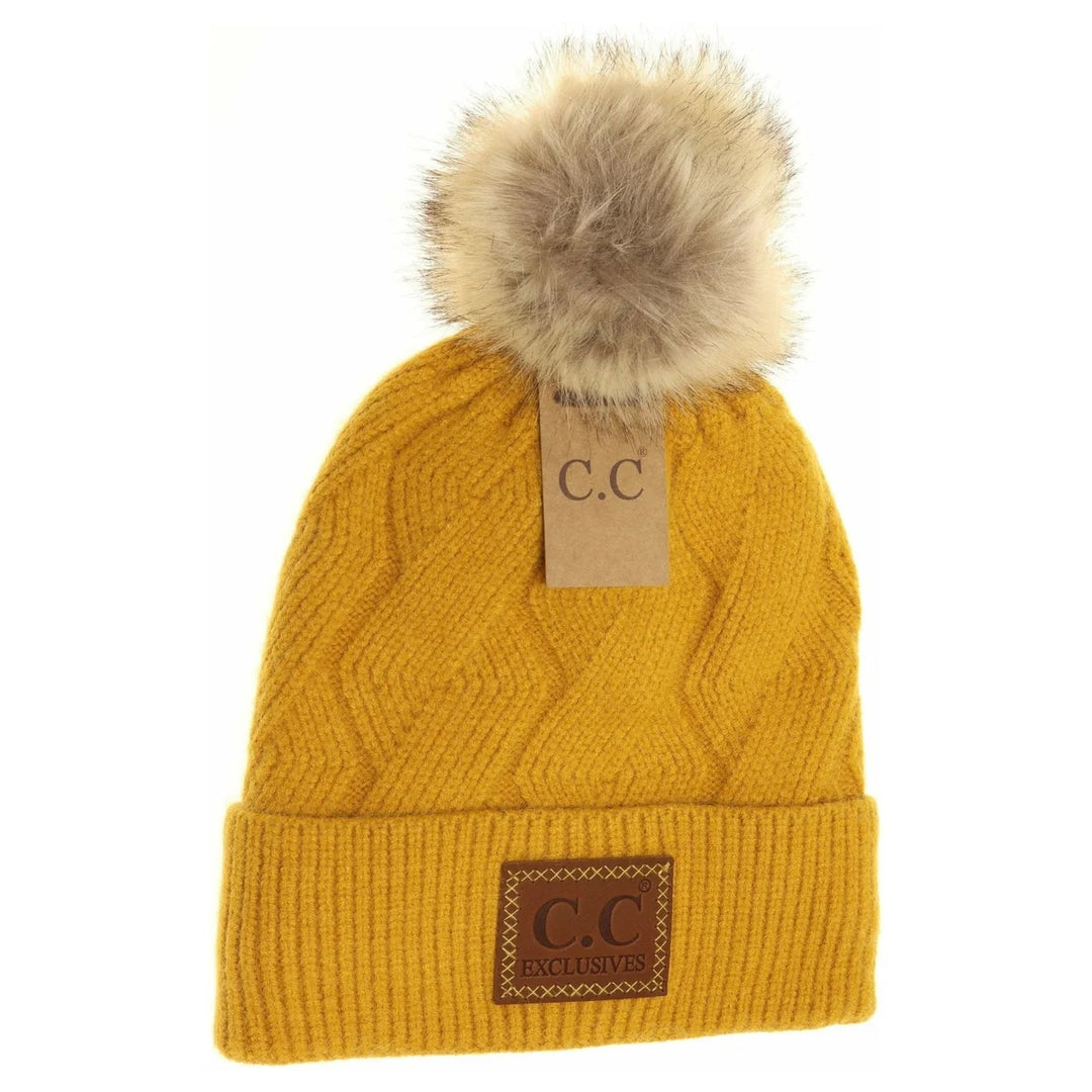 Geometric Knit Faux Fur Pom C.C Beanie