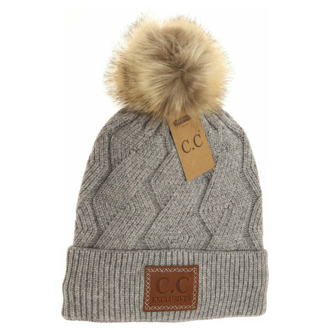 Geometric Knit Faux Fur Pom C.C Beanie