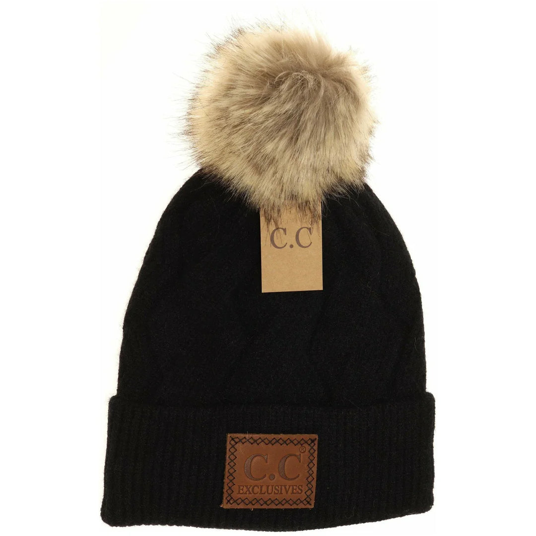 Geometric Knit Faux Fur Pom C.C Beanie