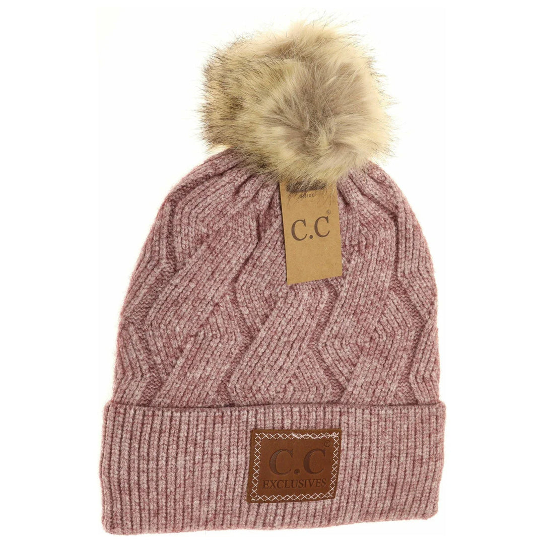 Geometric Knit Faux Fur Pom C.C Beanie