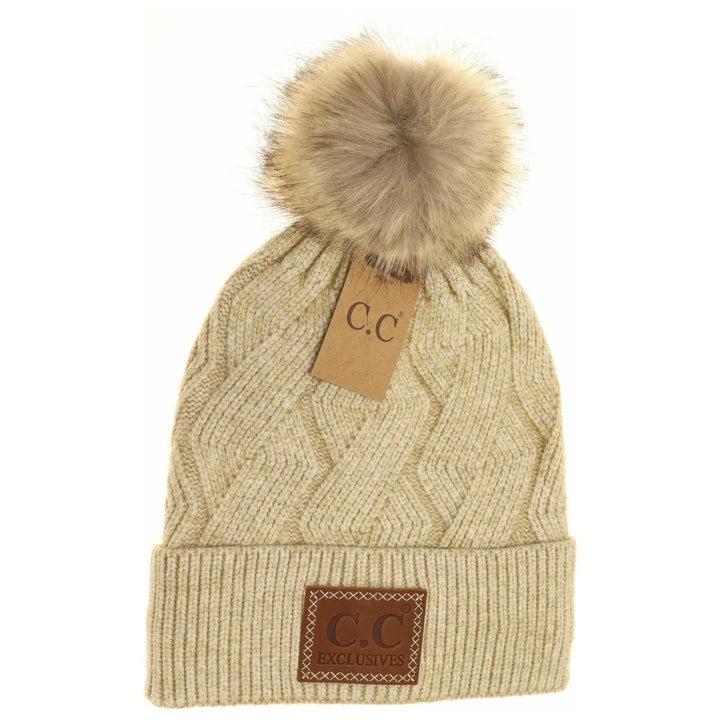 Geometric Knit Faux Fur Pom C.C Beanie