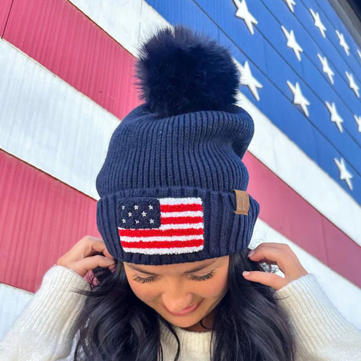 USA Chenille Patch Faux Fur Pom C.C Beanie