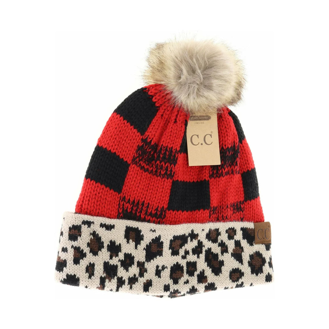 Leopard Buffalo Mixed Print Fur Pom C.C Beanie