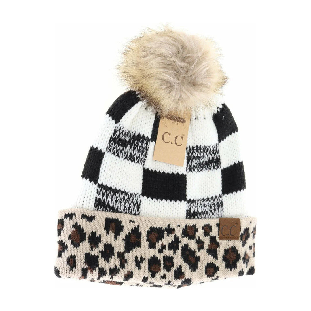 Leopard Buffalo Mixed Print Fur Pom C.C Beanie