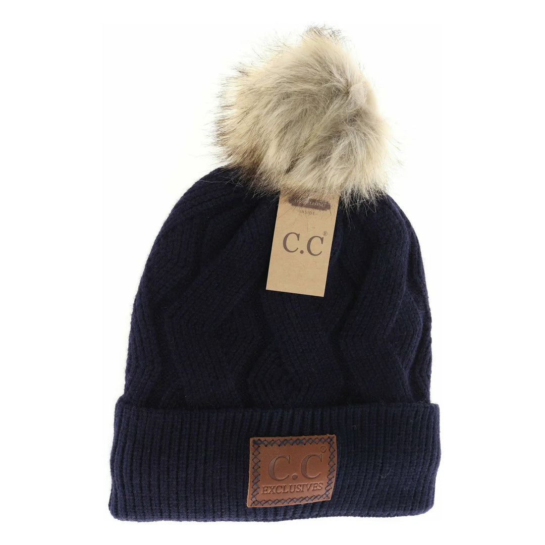 Geometric Knit Faux Fur Pom C.C Beanie