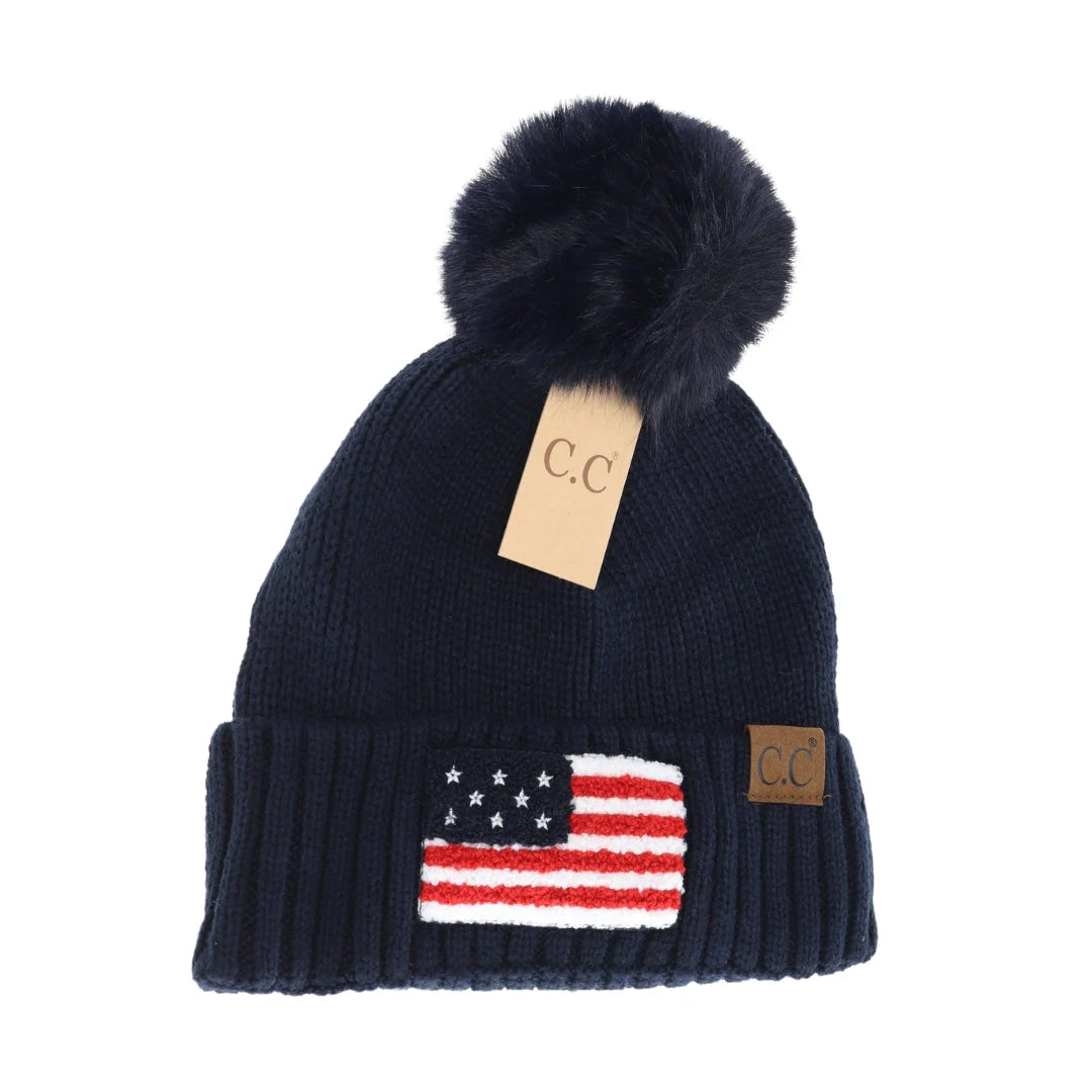 USA Chenille Patch Faux Fur Pom C.C Beanie