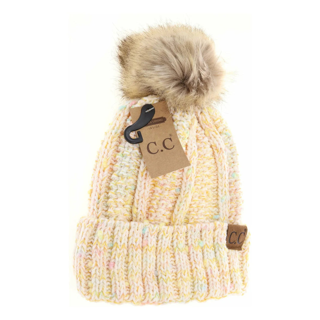 Fuzzy Lined Confetti Knit Fur Pom C.C Beanie