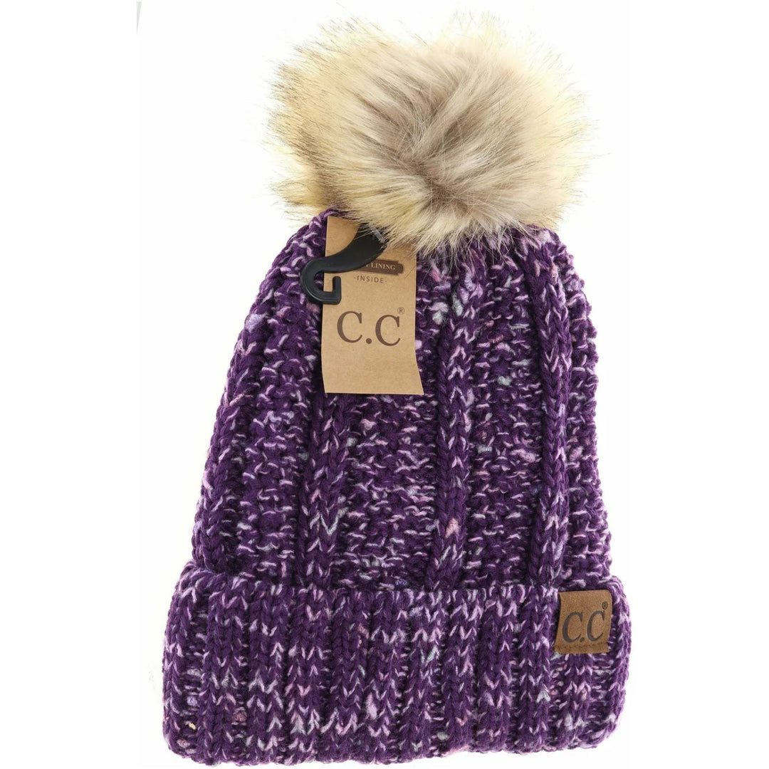 Fuzzy Lined Confetti Knit Fur Pom C.C Beanie