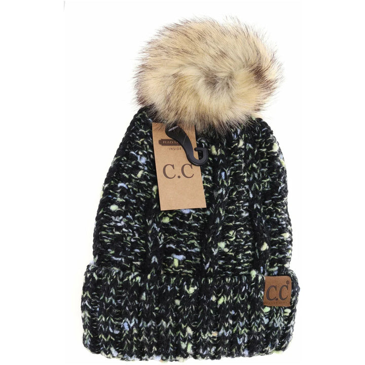 Fuzzy Lined Confetti Knit Fur Pom C.C Beanie