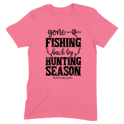 Blowout |  Gone Fishing Back By Hunting Season Black Print Front Apparel