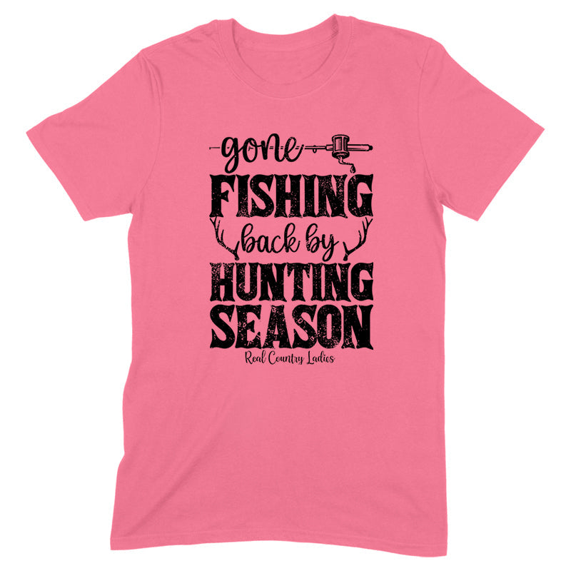 Black Friday | Gone Fishing Back By Hunting Season Black Print Front Apparel