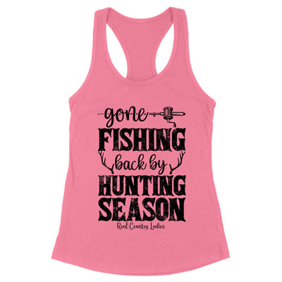 Blowout |  Gone Fishing Back By Hunting Season Black Print Front Apparel